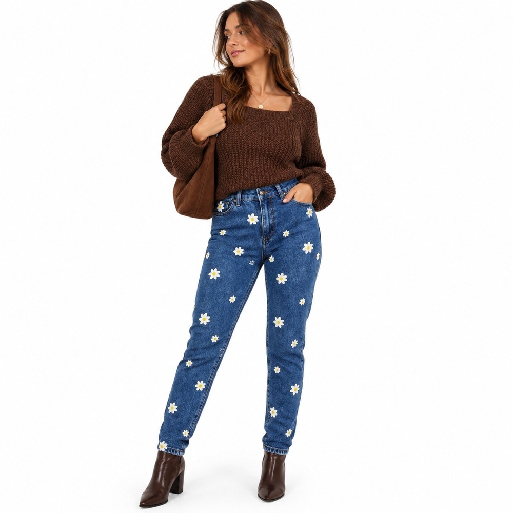 Skinny Fries Mom Jeans Daisy Floral Print Denim Pants Blue Boho Retro Size 1